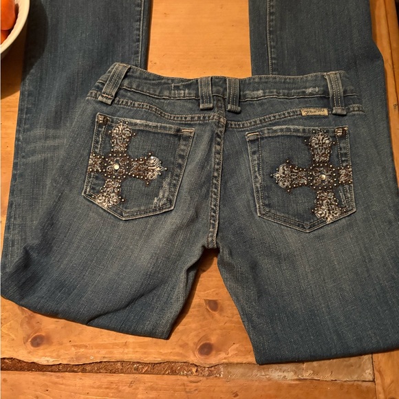 MISS ME Cross JEANS Distressed Embellished Embroidered Rhinestone 30 30 Low Rise - Picture 2 of 9